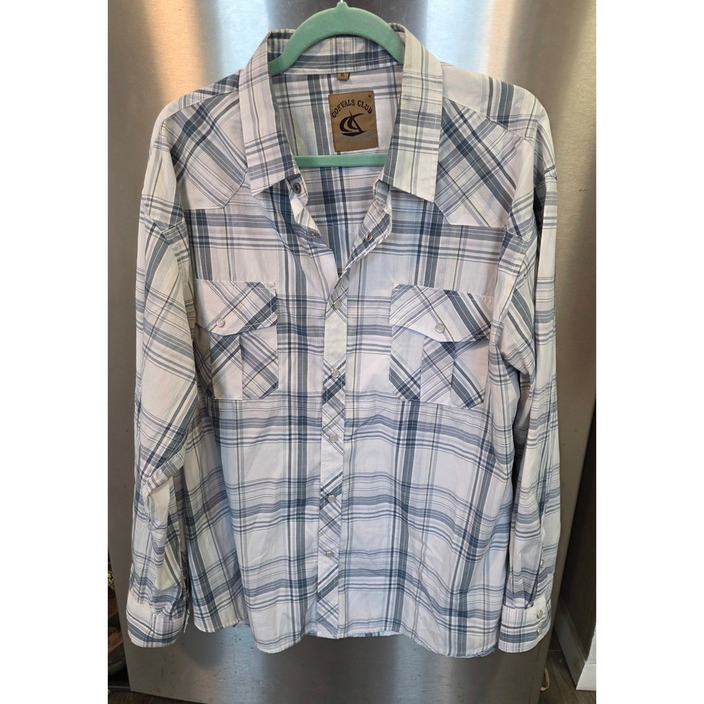 Coevals Club Mens XL Western Shirt Blue White Plaid Long Sleeve Snap Pockets